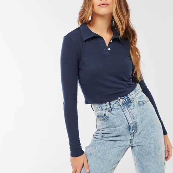 ARDENE | Navy blue polo longsleeve cropped - Picture 2 of 9